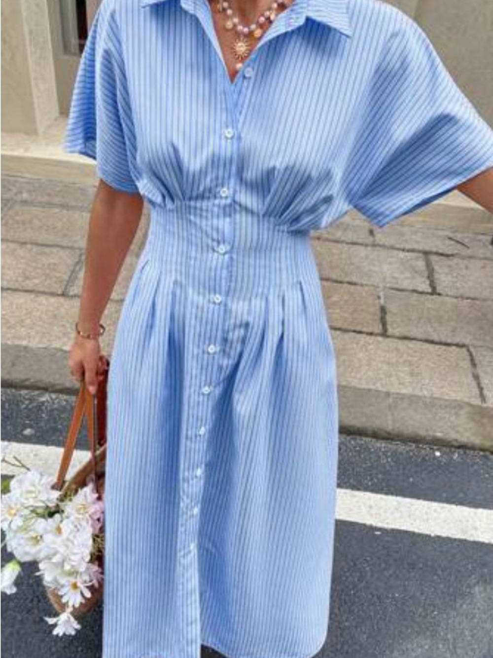 Blue and White Midi Striped Button-Front Shirt Dress size Medium